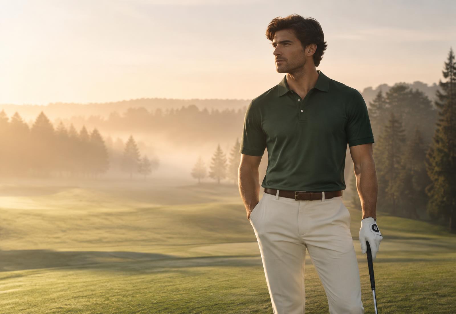 Golfer on a misty fairway at dawn