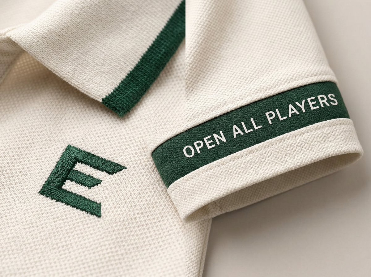 Close-up of the SUB 10 sleeve band on the EARND polo